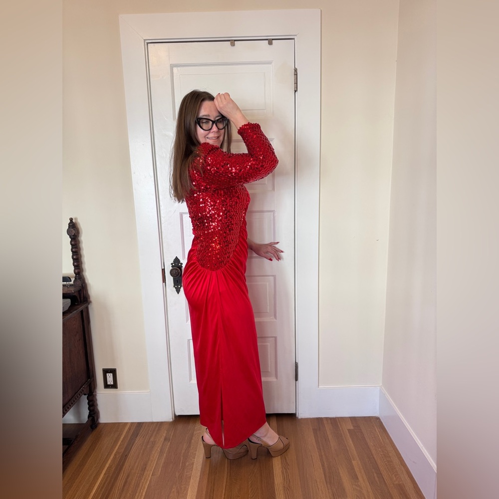 80s Vintage Dynasty Style Red Sequin Wiggle Dress Sz M - Picture 2 of 9